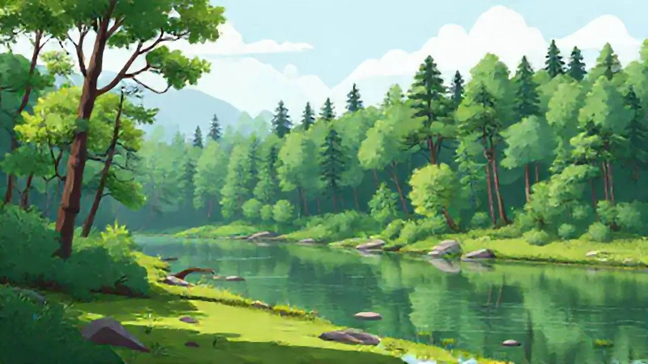 Bosque verde junto al río tranquilo
