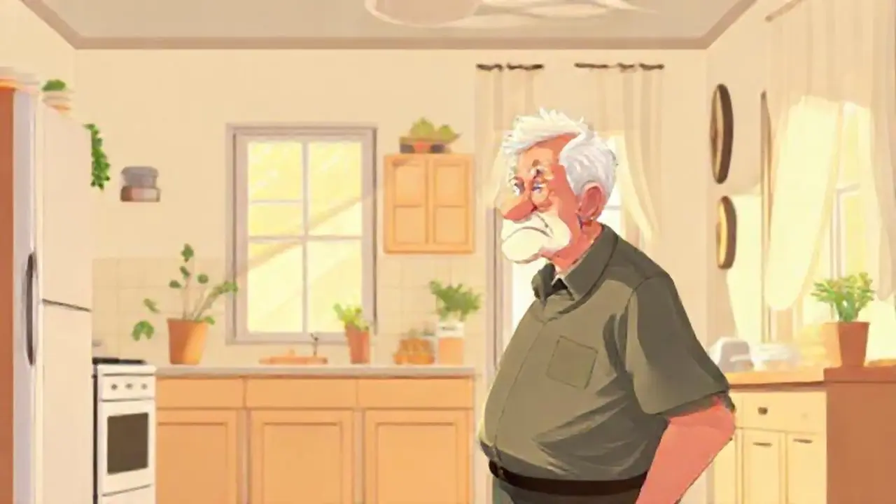 Un anciano en una cocina iluminada por el sol