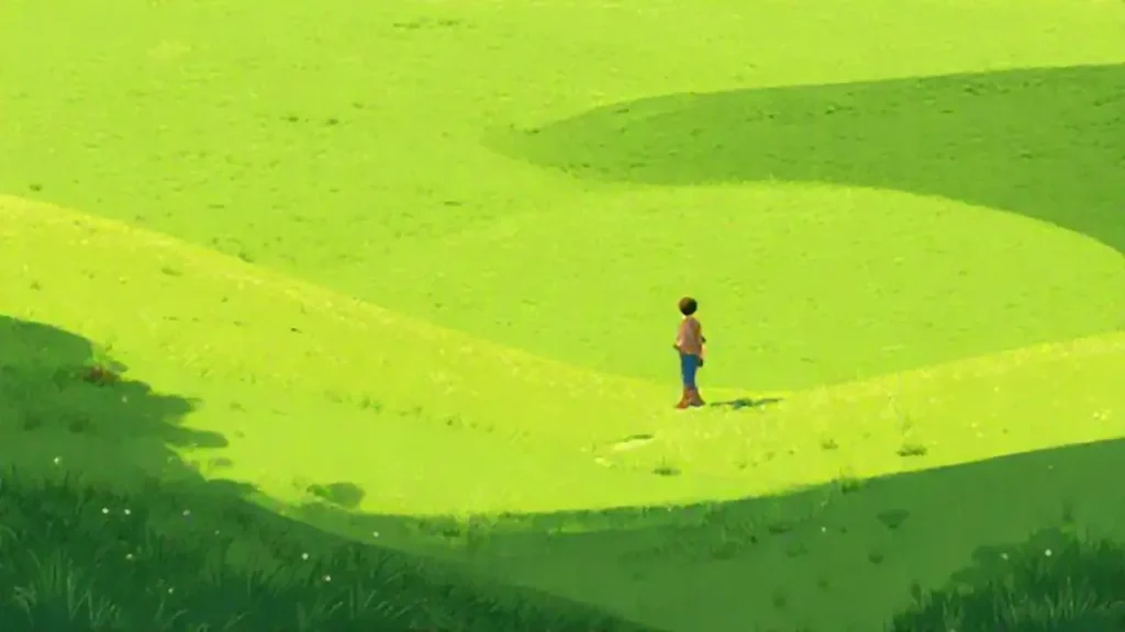 Un caminante en un prado verde