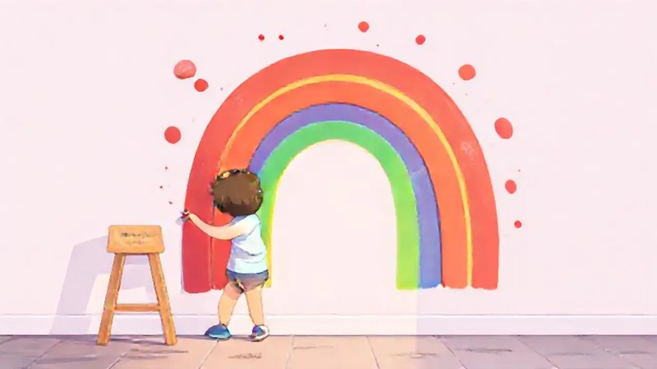 Niño pinta arcoíris en la pared