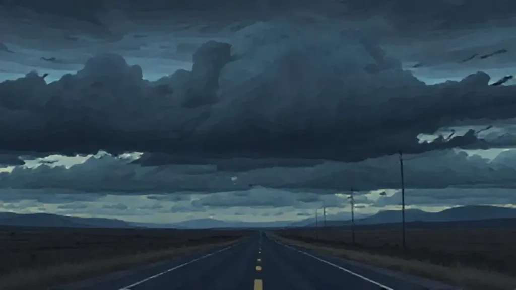Nubes oscuras sobre un camino solitario