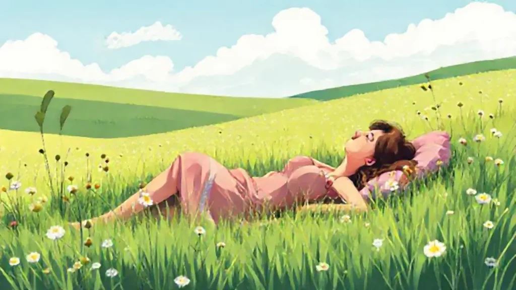 Mujer descansa en pradera