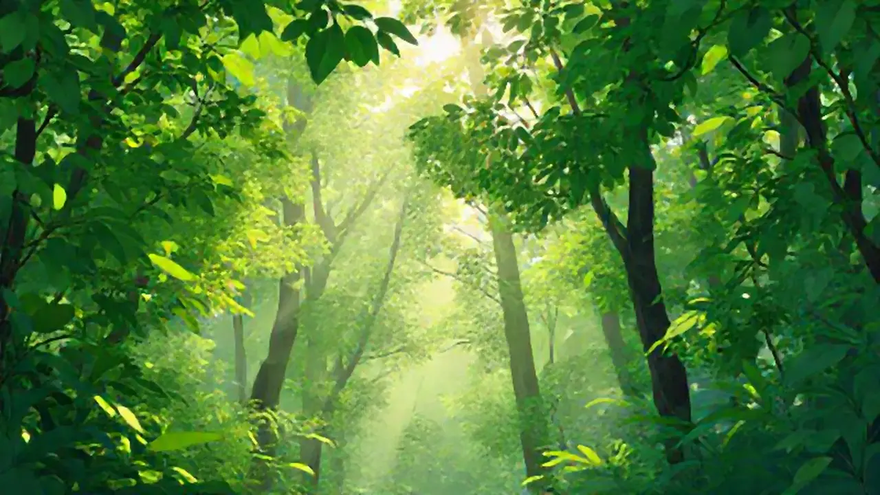 Bosque verde bañado por el sol