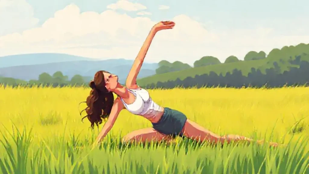 Mujer estirándose en el campo