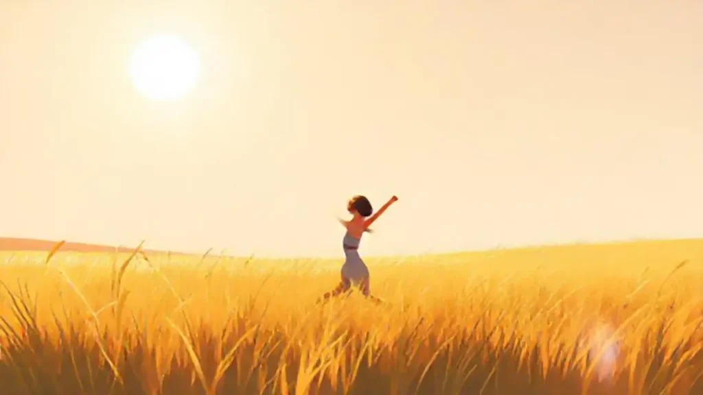 Mujer se estira en el campo soleado