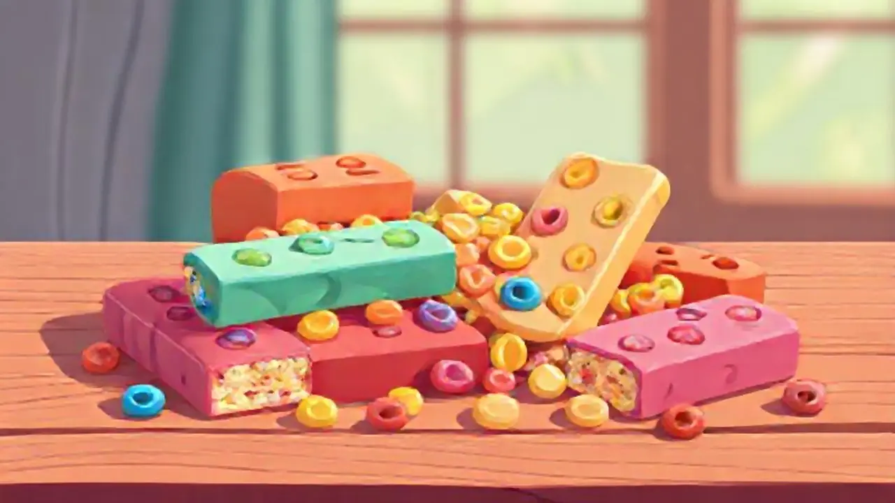 Barras de cereal coloridas sobre madera