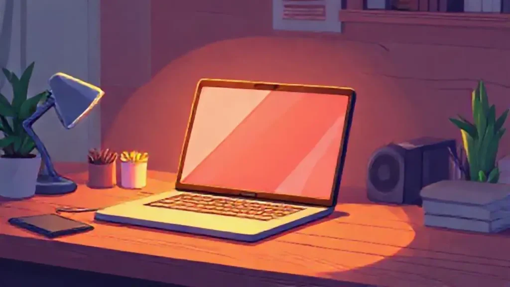 La laptop ilumina la mesa de madera