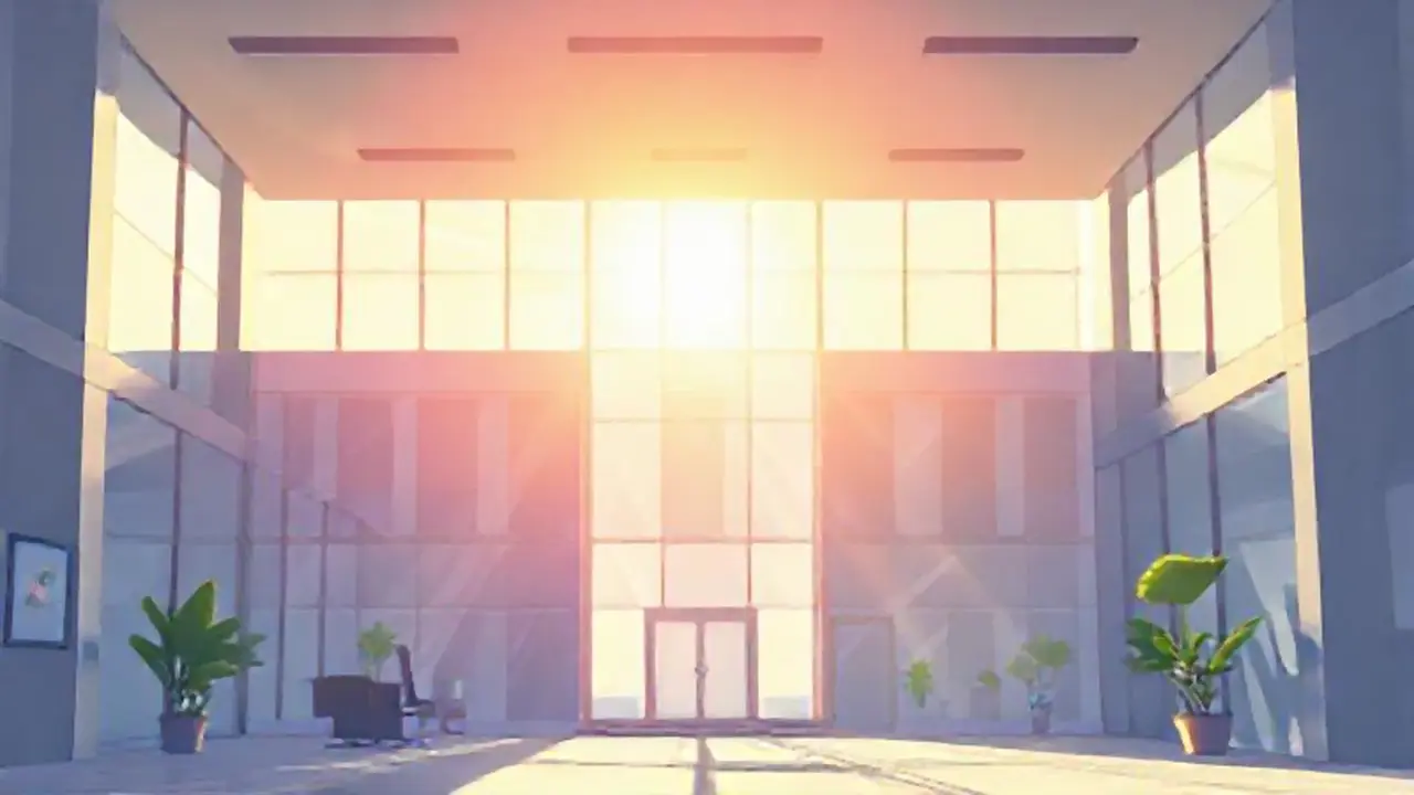 El edificio de oficinas resplandecía al sol