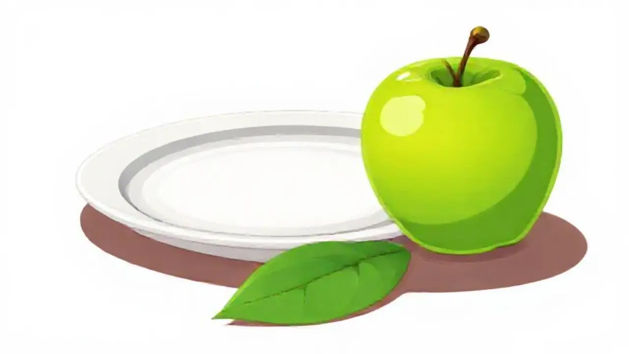 Una manzana verde junto a una fuente verde