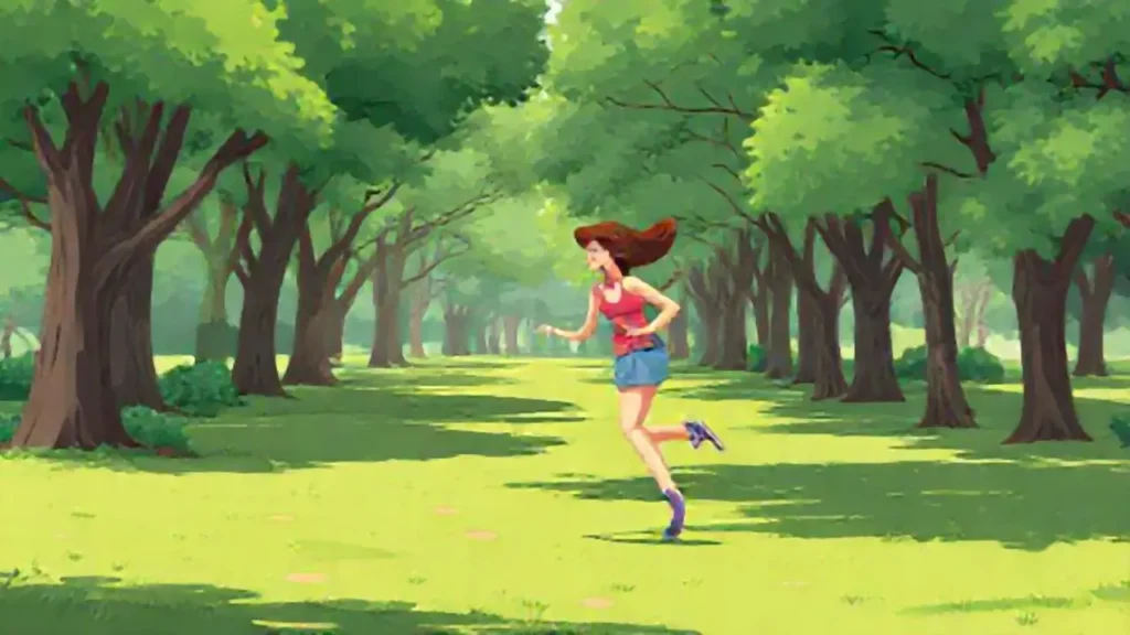 Mujer corre por el parque verde