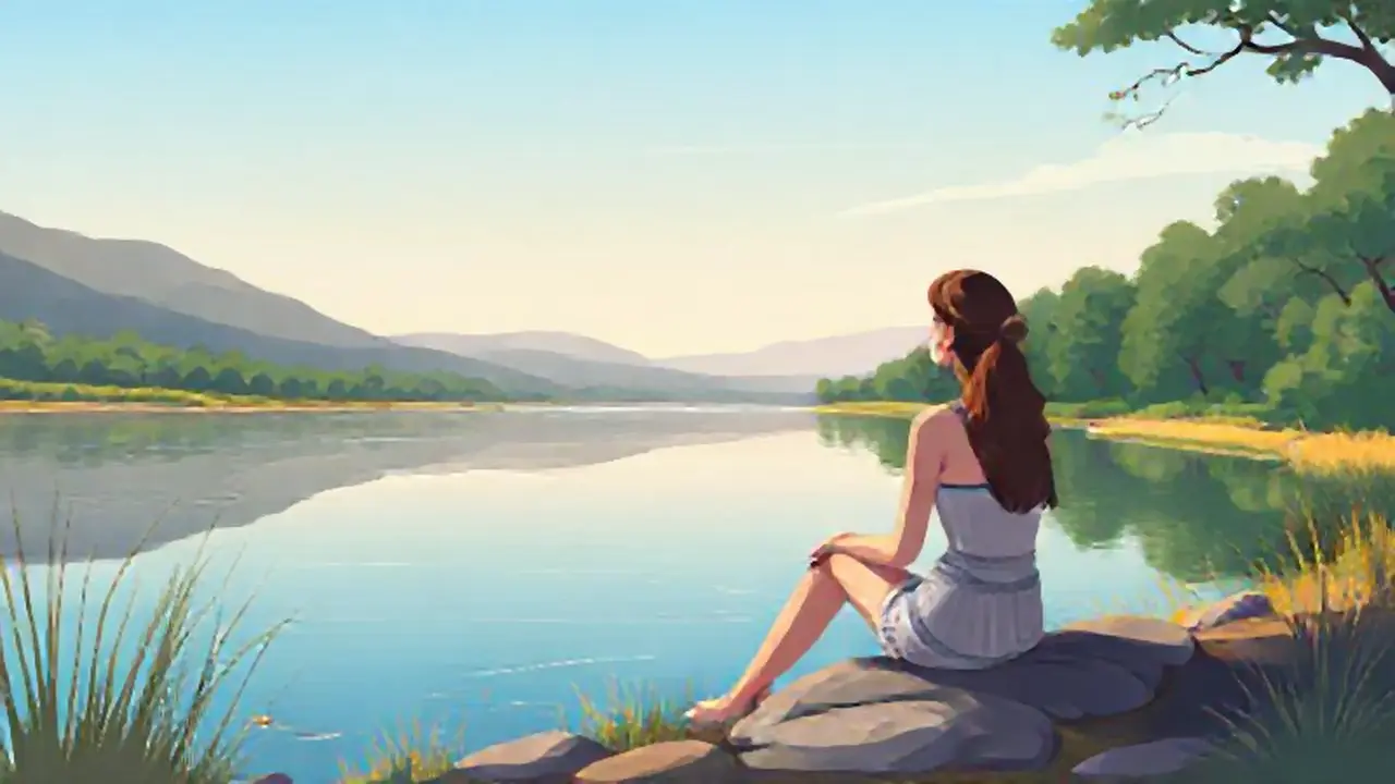Mujer junto al río tranquilo