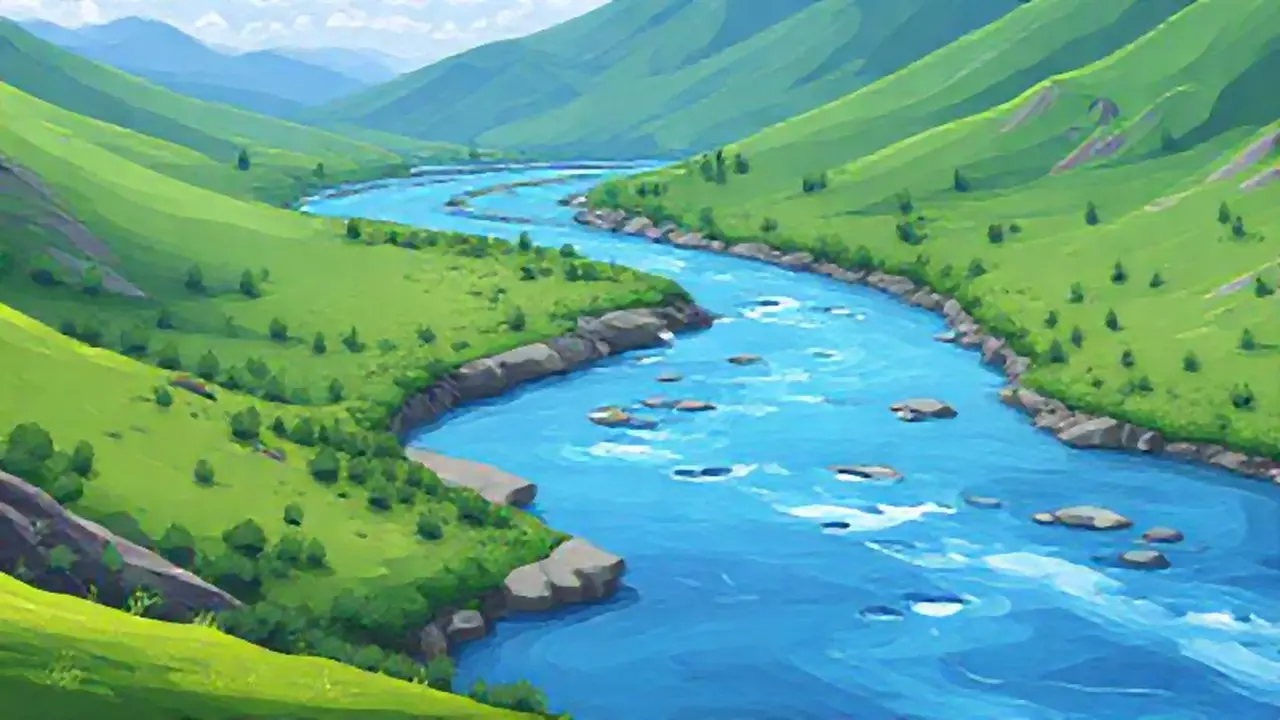 Río azul fluye por valle verde
