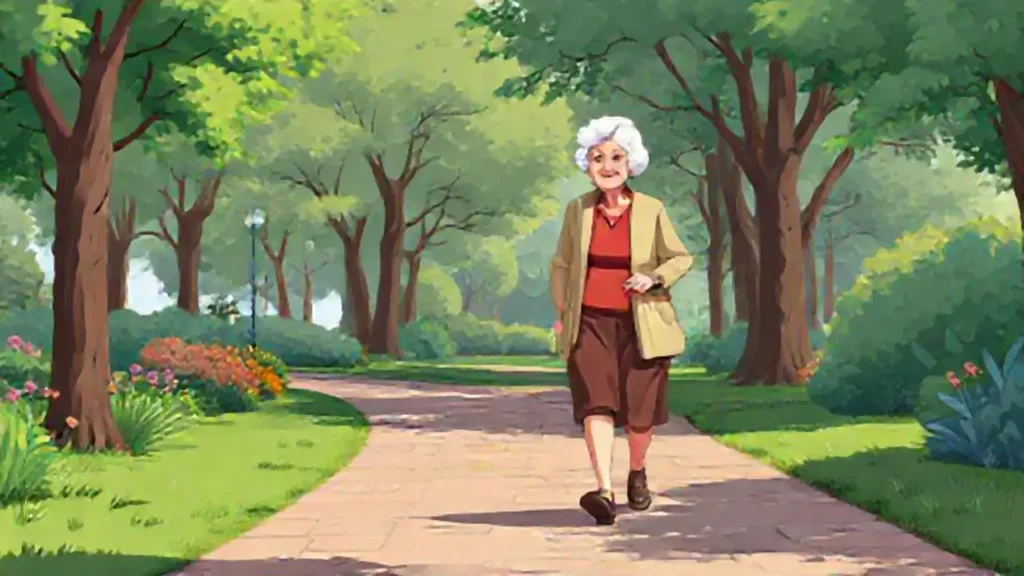 Una anciana camina por el parque