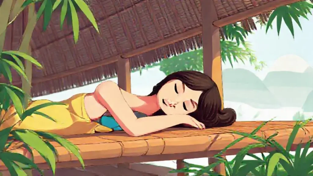 Mujer descansando en mesa de bambú
