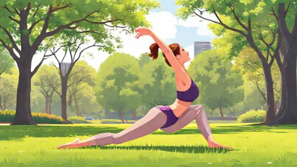 Mujer estirándose en un parque soleado