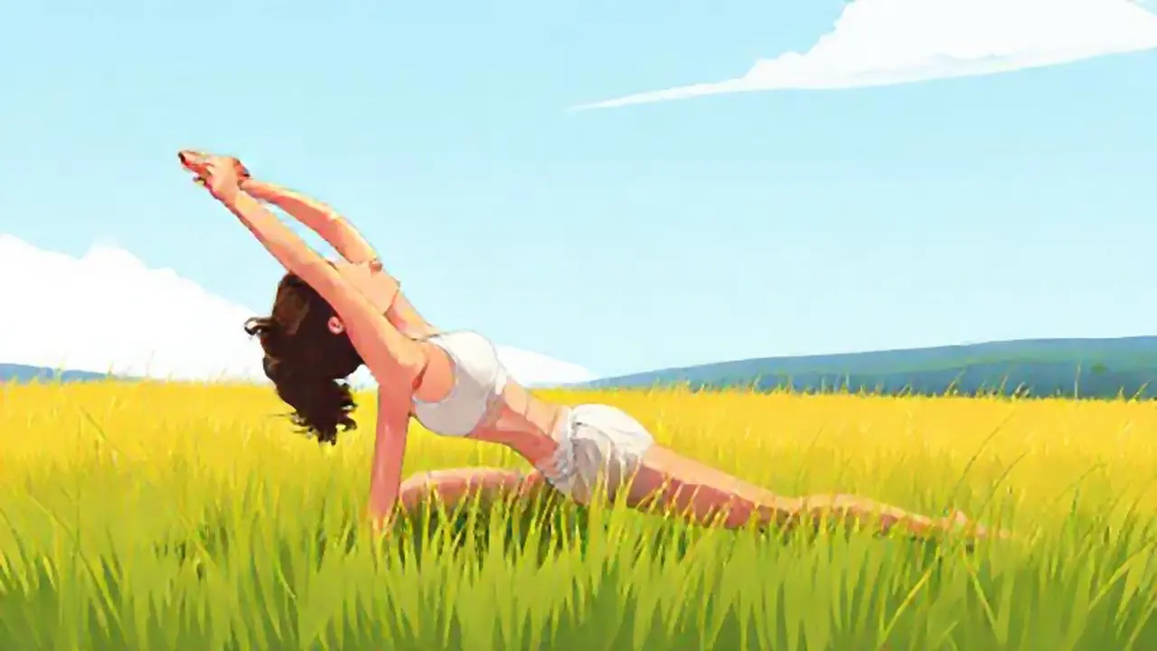 Mujer estirándose en el campo