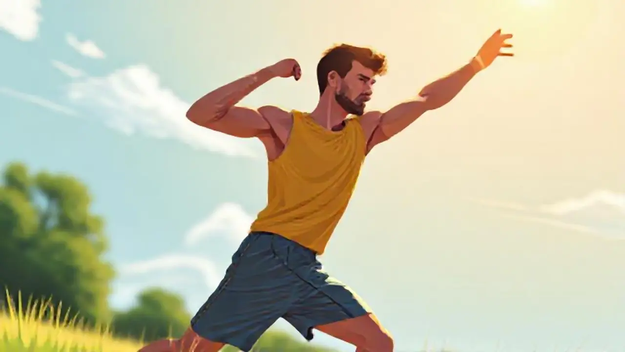 Atleta estirándose en un campo soleado