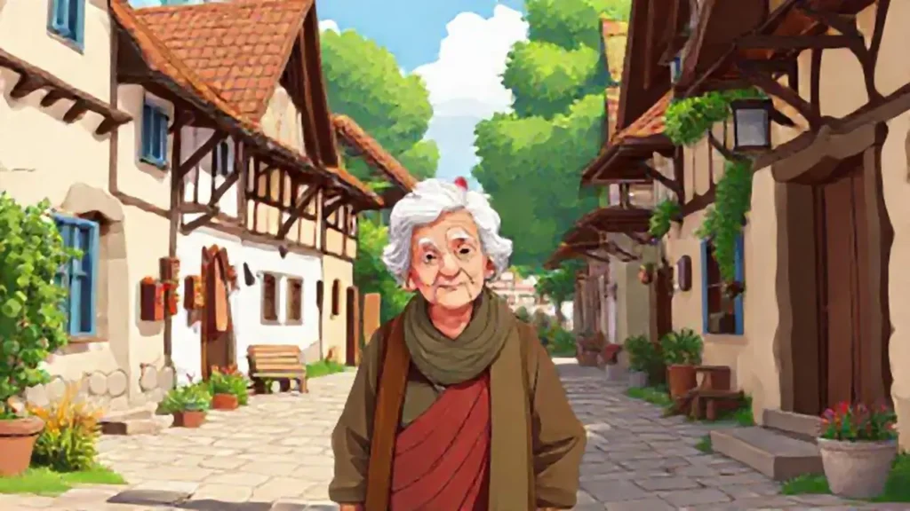 Mujer mayor en la plaza del pueblo