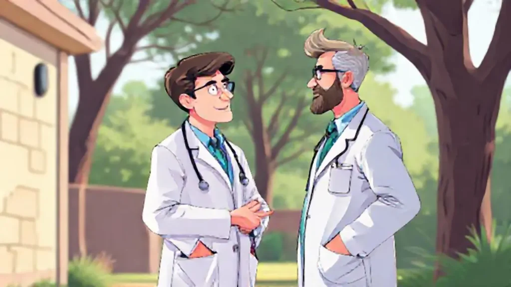 Dos médicos conversaban al aire libre