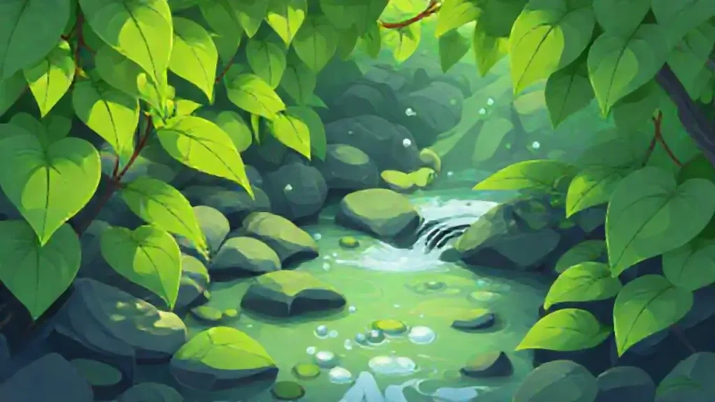 Hojas verdes y agua corriente