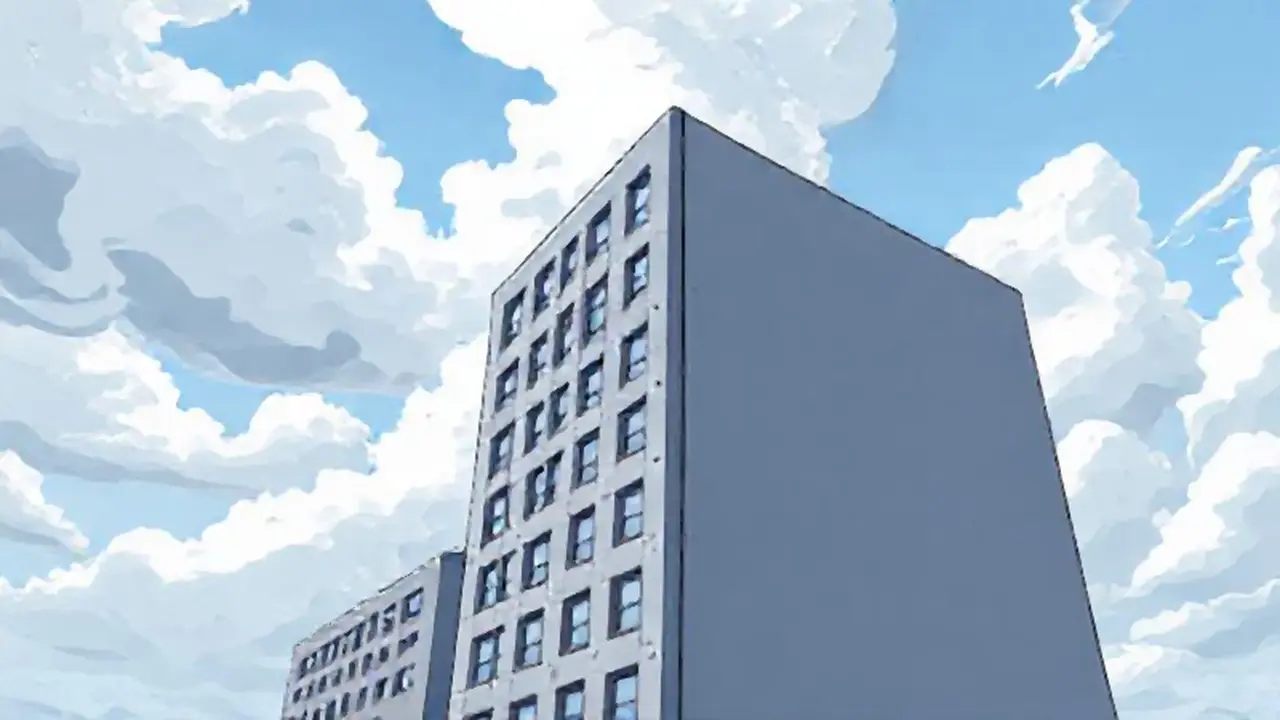 Edificio gris en cielo nublado