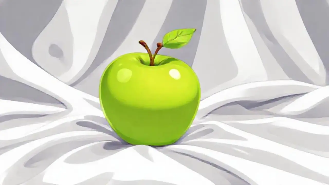 Manzana verde sobre tela blanca