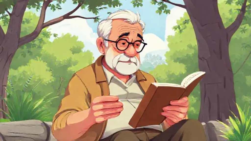 Un anciano lee un libro al aire libre
