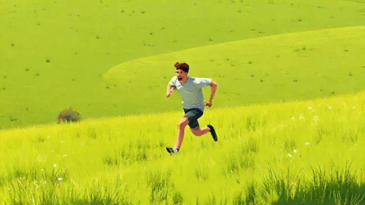 Un hombre corre por un prado verde
