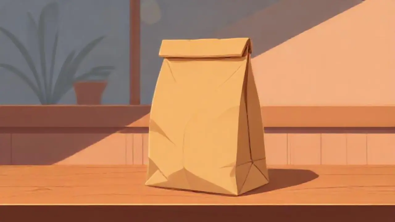 Una bolsa marrón sobre una mesa de madera