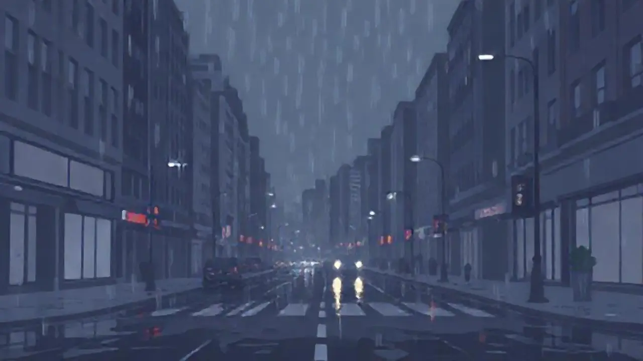 Calle gris lluviosa en la noche
