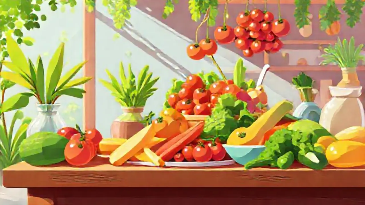 Una mesa brillante con frutas y verduras frescas