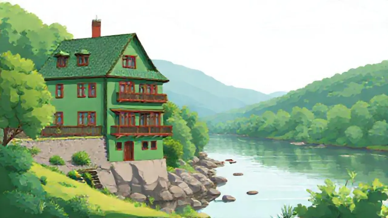Edificio verde junto al río