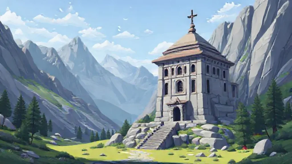 Templo de piedra gris en valle montañoso