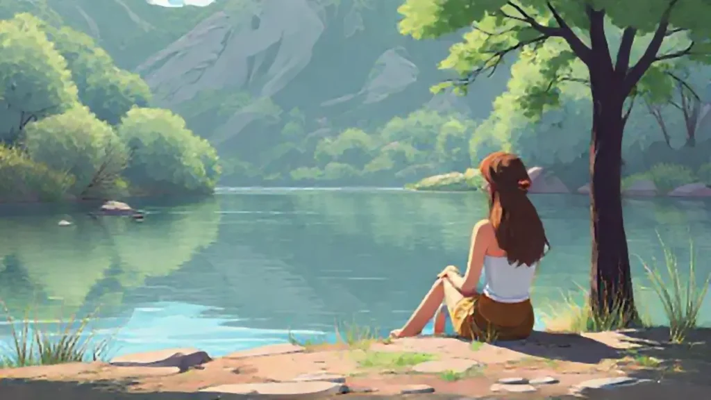 Mujer junto al río tranquilo