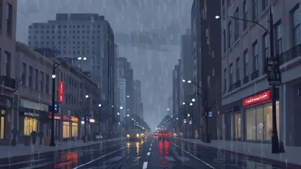 Lluvia gris cae sobre la calle