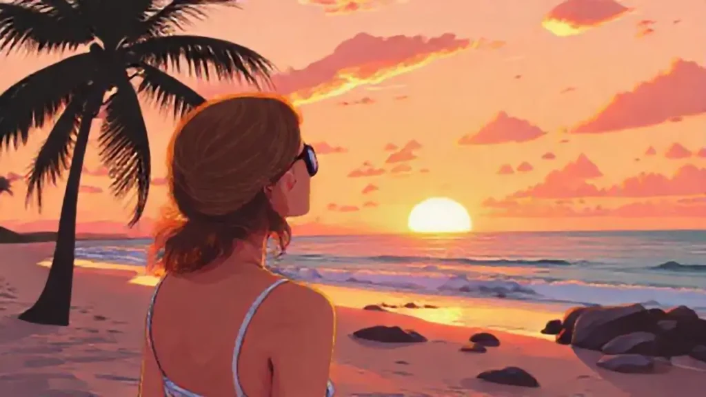 Mujer observa el atardecer en la playa