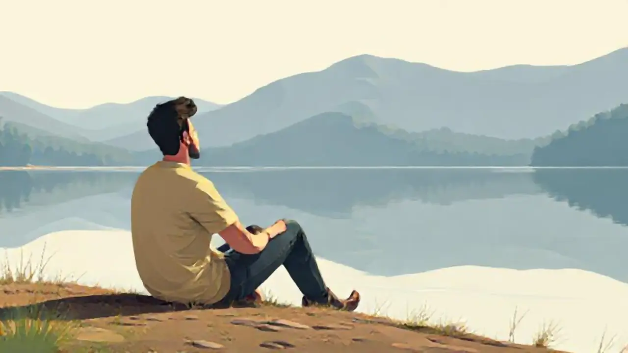 Hombre junto a un lago tranquilo