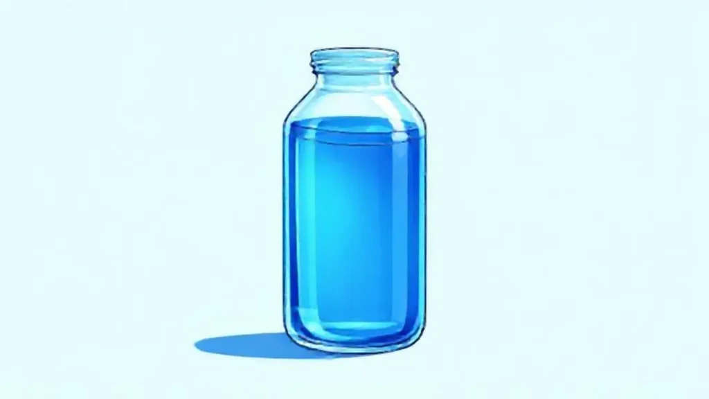 Agua azul y botella de vidrio