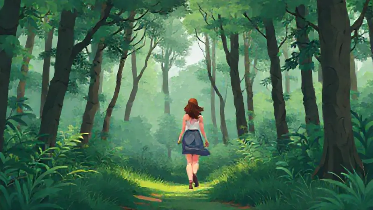 Mujer camina por el bosque verde