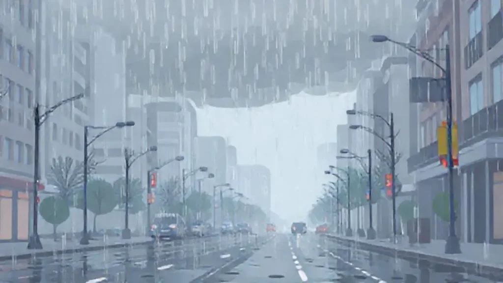 Lluvia gris cae sobre la ciudad
