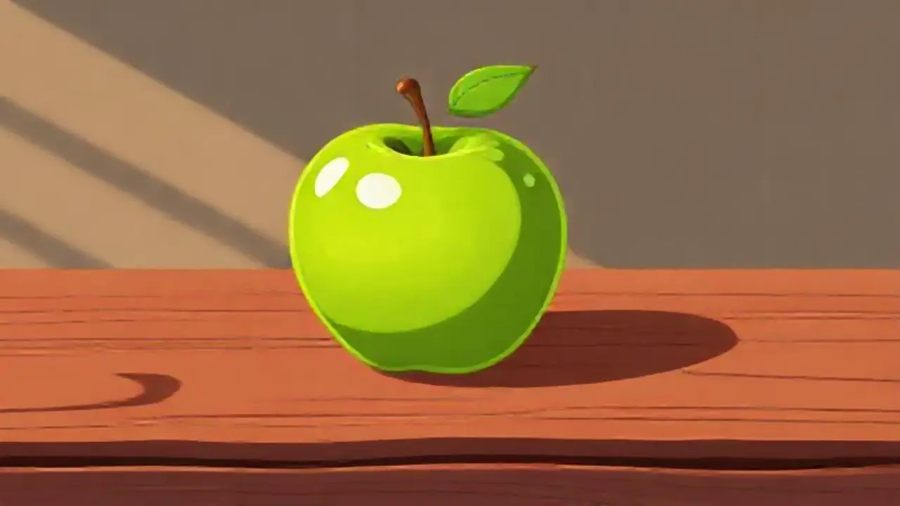 Manzana verde sobre mesa de madera