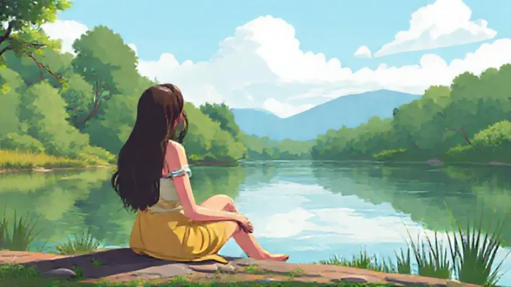 Mujer junto al río tranquilo