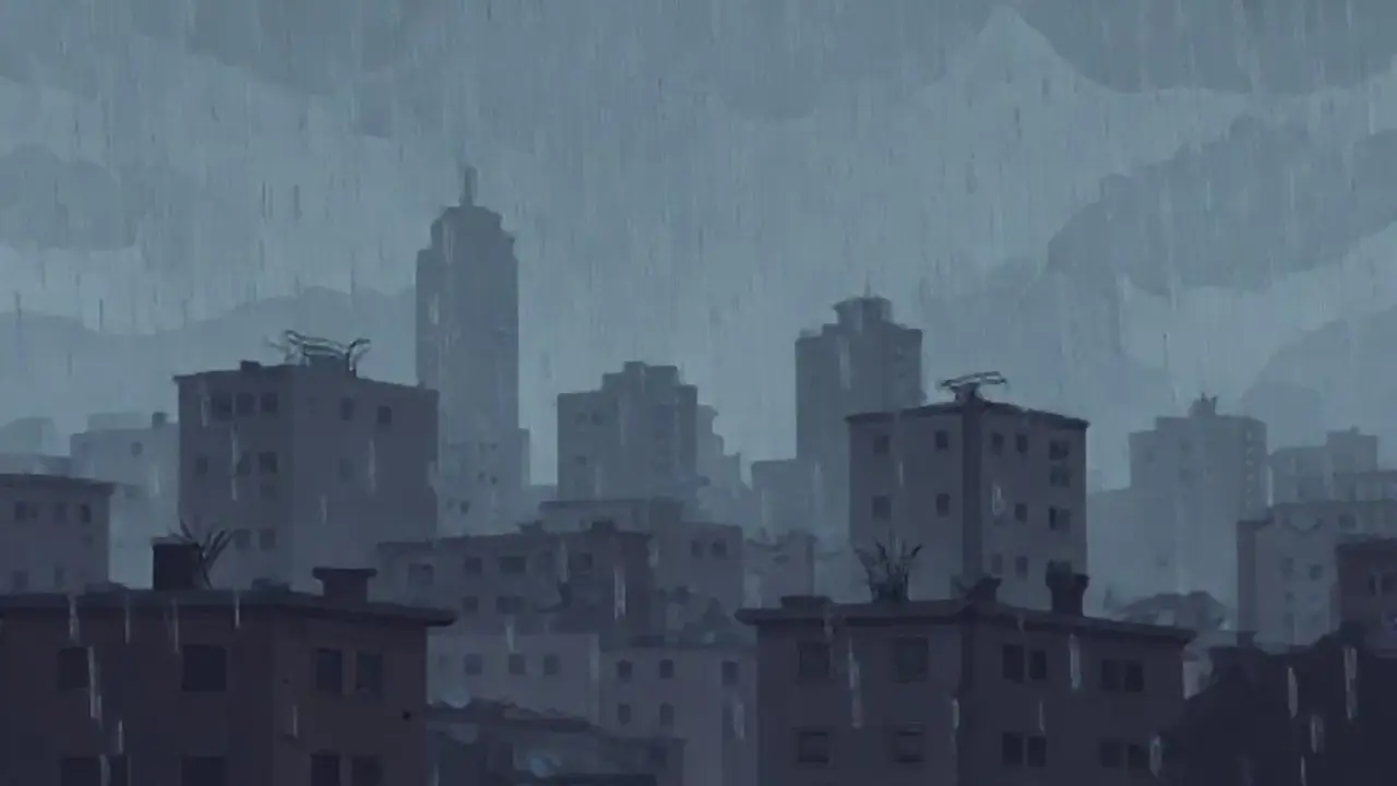 Lluvia oscura sobre ruinas