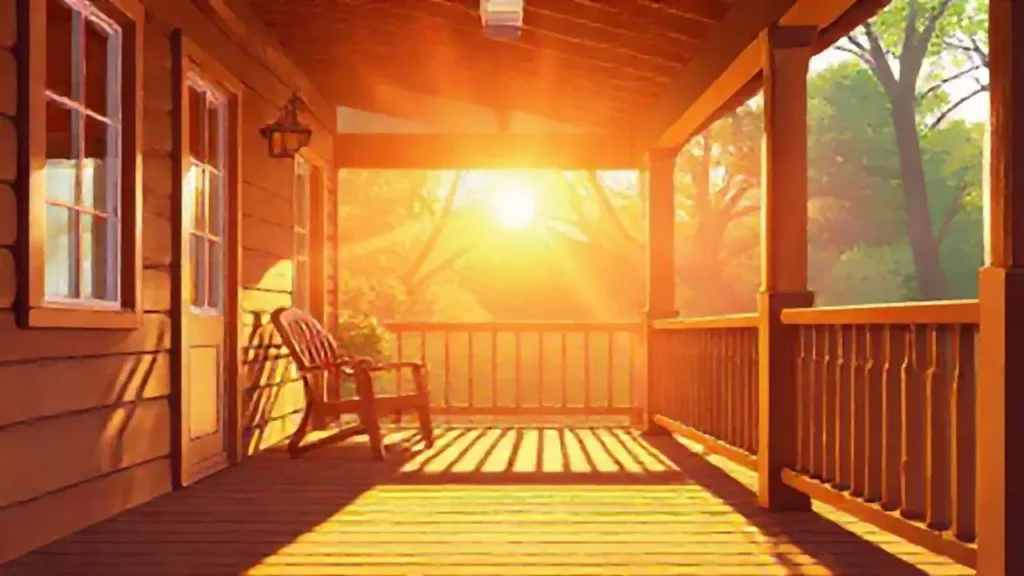 El sol cálido besa el porche de madera