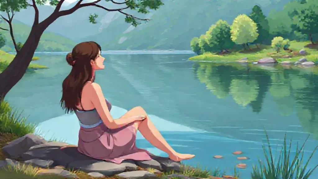 Mujer junto al río tranquilo