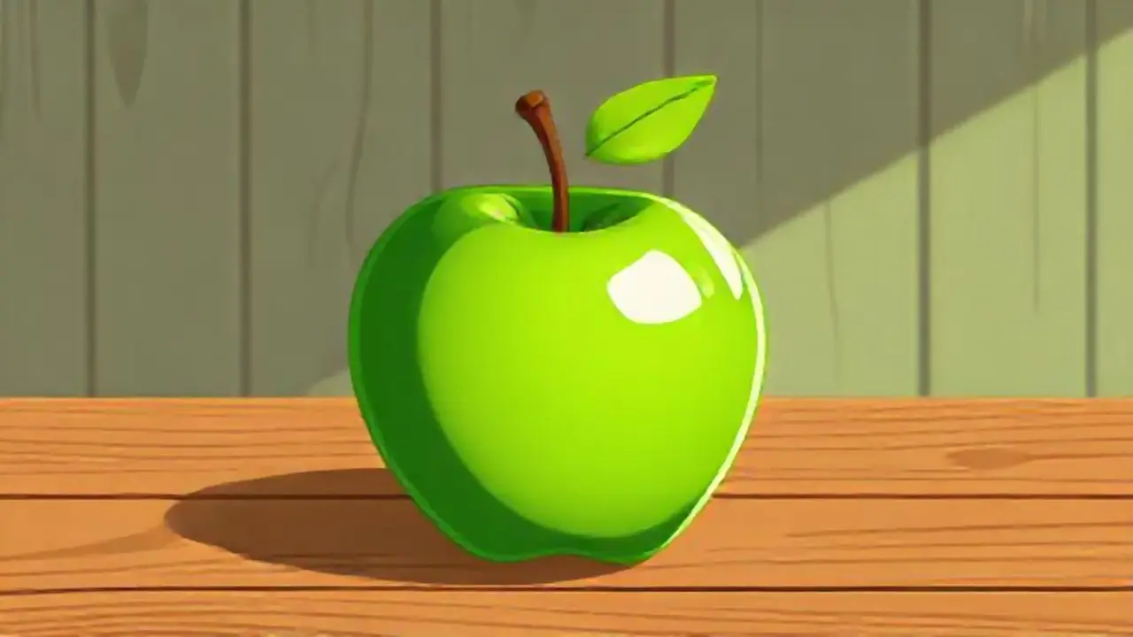 Manzana verde sobre mesa de madera