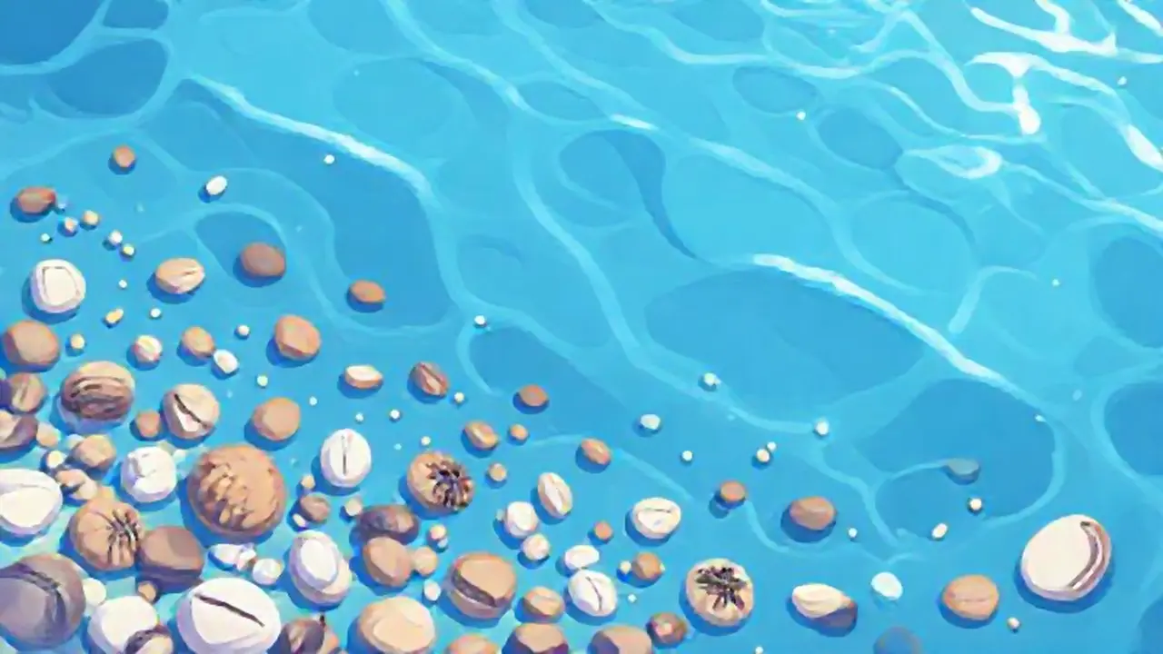 Mar azul, conchas dispersas