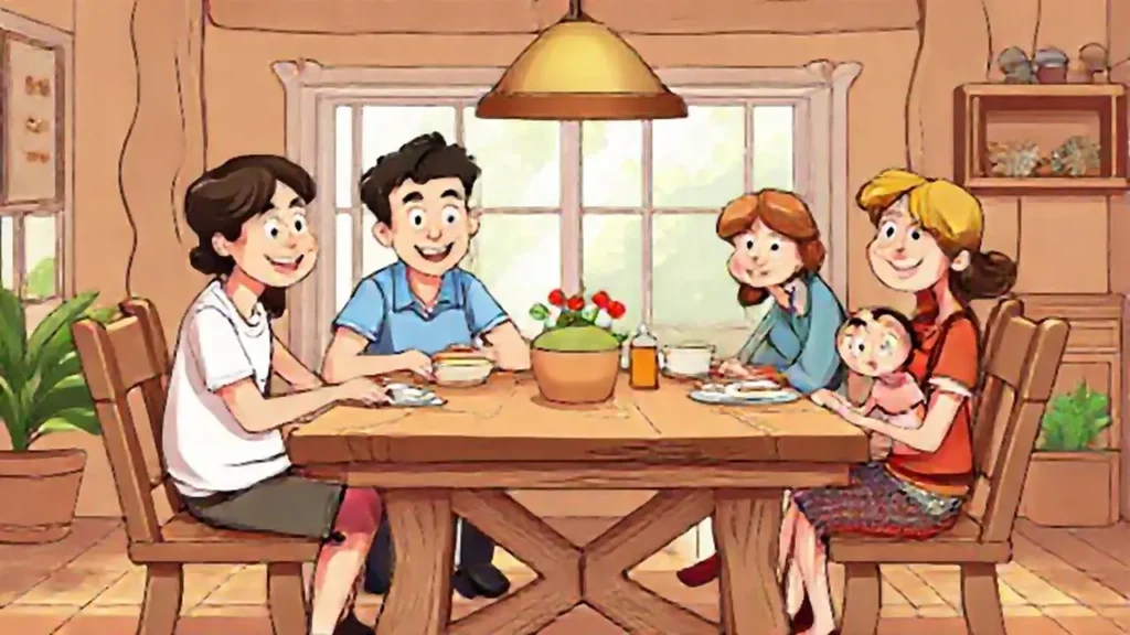Familia reunida en torno a una mesa de madera