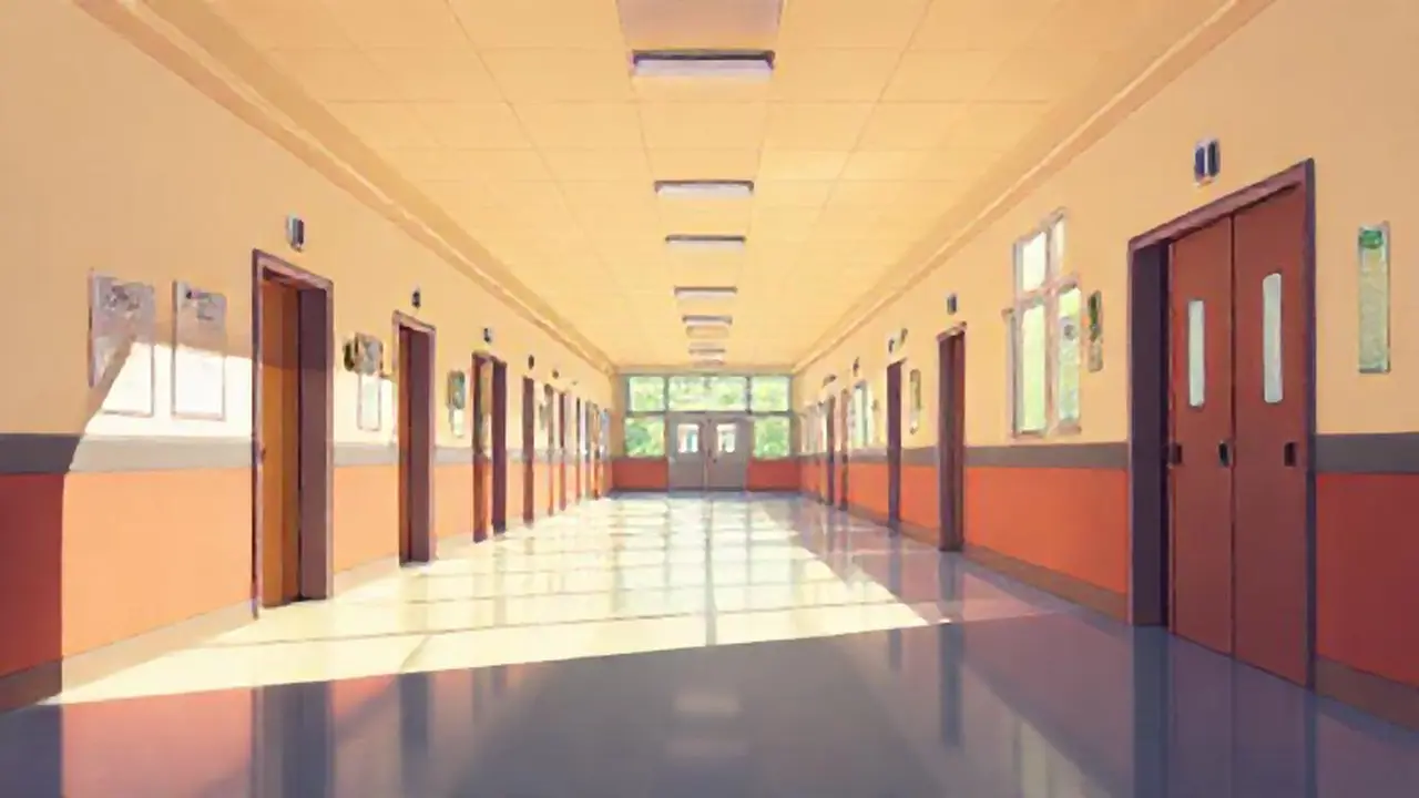 Pasillo escolar vacío, luz de tarde