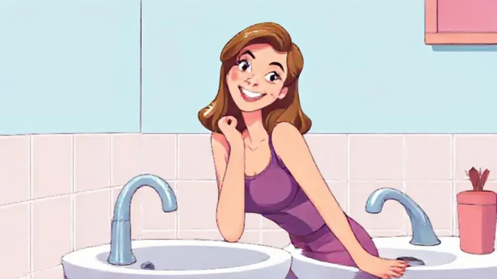 Mujer sonriente cerca del lavabo